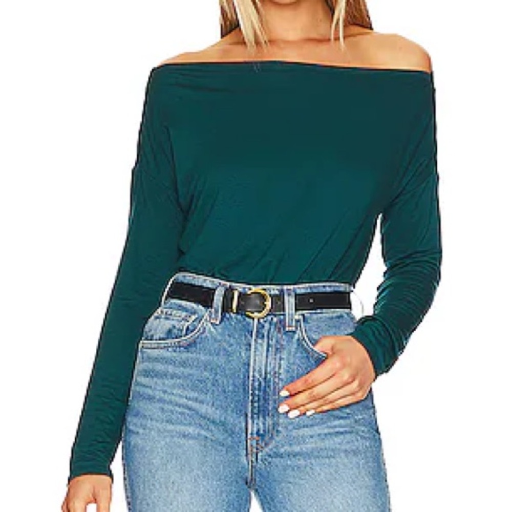 Paige Suvi Off Shoulder Cowl Long Sleeve Bodysuit in Midnight Cyan Teal XL NWT